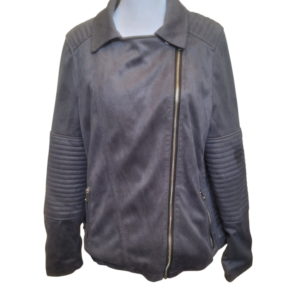 YMI Womens Plus Grey Moto‎ Jacket sz 1X Faux Suede Super Soft Lined For Warmth - Picture 2 of 10